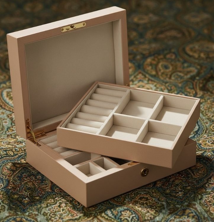 Boîte à bijoux gainée cuir rose poudré, plateau amovible à compartiments, posée sur un tapis