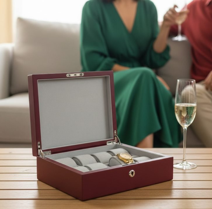 Coffret huit montres : Bois laqué bordeaux mat, coussins suédine