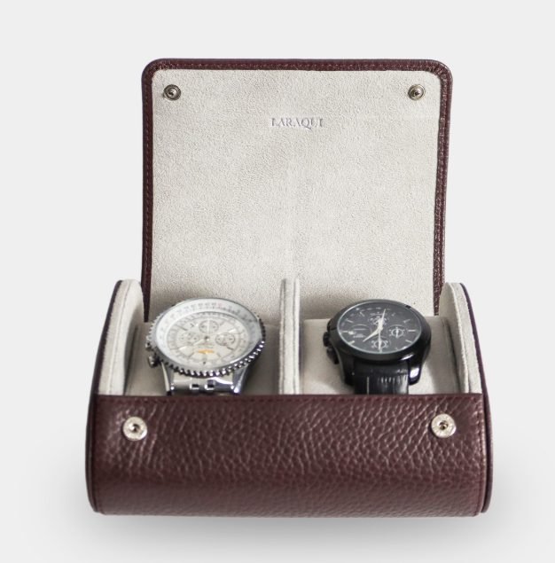 Étui de voyage deux montres : Cuir grainé, marquage à chaud