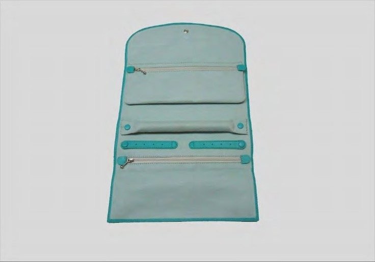 Pochette à bijoux : Cuir turquoise, rangements zippés