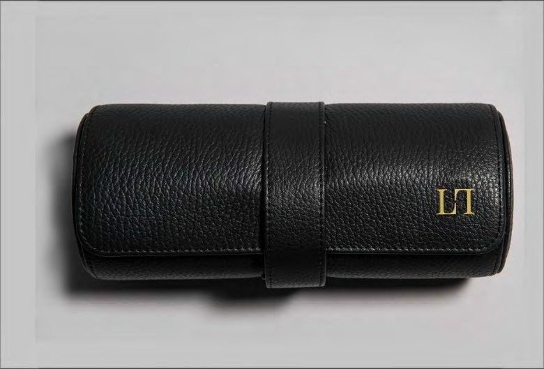 Rouleau à montres : Cuir noir grainé, monogramme doré